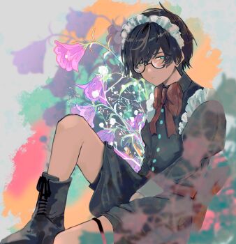 1boy black_boots black_shirt black_shorts boots bow bowtie brown_bow brown_bowtie closed_mouth commentary_request crossdressing crossdressing_(mtf) dark-skinned_male dark_skin flower glasses green_eyes highres juliet_sleeves knee_up long_sleeves looking_at_viewer maid maid_headdress male_focus male_maid original pink_flower puffy_sleeves sahi00000 shirt short_hair shorts sitting solo swept_bangs