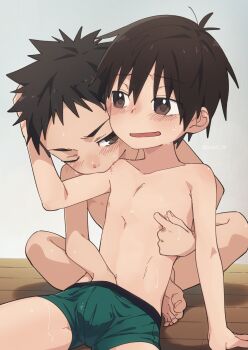 2boys arm_support biting biting_arm black_hair blush boxer_briefs brown_eyes brown_hair character_request kodomo_doushi copyright_request cowboy_shot drooling green_boxer_briefs green_male_underwear hand_in_underwear highres implied_handjob looking_at_another male_focus male_underwear multiple_boys navel nibbling nipple_stimulation nipple_tweak nipples on_floor one_eye_closed open_mouth pectorals saliva shota sitting source_request sweat topless_male underwear wooden_floor wool_bl yaoi