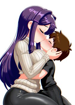 1boy 1girl age_difference black_pants black_shirt blush breasts brown_hair bulge closed_eyes doki_doki_literature_club erection erection_under_clothes hands_on_another's_face height_difference hetero kiss large_breasts mochi_(somniserotonin) onee-shota pants protagonist_(doki_doki_literature_club) purple_hair shirt shota sweater yuri_(doki_doki_literature_club)