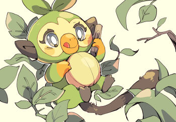 animal_focus bright_pupils eyelashes food fruit gen_8_pokemon grey_eyes grookey highres holding holding_food holding_fruit holding_stick kohakumaru leaf licking_lips lying monkey nintendo no_humans on_back pokemon pokemon_(creature) simple_background solo stick tongue tongue_out white_background white_pupils