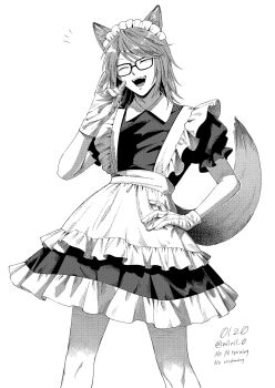 1boy apron closed_eyes commentary_request crossdressing crossdressing_(mtf) facing_viewer fangs fox_shadow_puppet frilled_apron frills gloves greyscale hand_on_own_hip highres maid maid_apron maid_headdress male_focus male_maid medium_hair monochrome nil_(pixiv_53614557) open_mouth randal's_friends randal_ivory short_sleeves simple_background skirt solo twitter_username waist_apron white_apron white_background