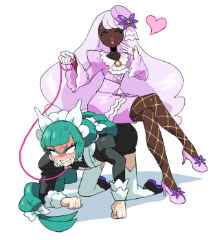 2girls absurdres apron braid braided_ponytail dark-skinned_female dark_skin green_hair highres holding holding_leash jacinthe_(pokemon) juliet_sleeves leash lebanne_(pokemon) long_hair long_sleeves low_drills maid_apron maid_headdress multiple_girls nintendo pokemon pokemon_legends:_z-a puffy_sleeves sach56000 single_braid sitting sitting_on_person