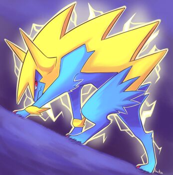 animal_focus artist_request claws electricity full_body gen_3_pokemon glowing highres looking_at_viewer looking_back manectric mega_manectric mega_pokemon nintendo no_humans outdoors pokemon pokemon_(creature) red_eyes sharp_teeth solo spiked_hair standing teeth