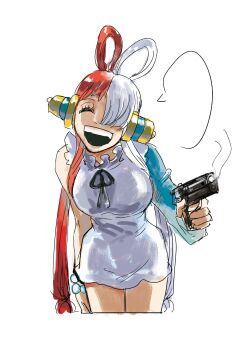 1girl artist_request bare_legs blue_eyes breasts dress gun hair_over_one_eye highres holding holding_gun holding_weapon large_breasts long_sleeves multicolored_hair one_piece one_piece_film:_red red_hair ribbon shaded_face smile solo speech_bubble two-tone_hair uta_(one_piece) weapon what white_hair