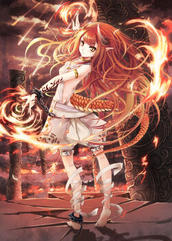 1girl barefoot chain cuffs dragon_girl dragon_horns dragon_tail female_focus fingernails highres horns kaku-san-sei_million_arthur long_hair looking_at_viewer million_arthur_(series) official_art pointy_ears red_hair shackles sharp_fingernails shorts slit_pupils solo tail tattoo wait yellow_eyes