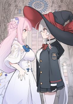 Rule 34 | 2girls, absurdres, angel wings, black jacket, black skirt, blue archive, blush, bow, braid, breast contest, breast press, breasts, bust chart, buttons, catfight, catmito1412, closed mouth, double-breasted, dress, eri (blue archive), face-to-face, feathered wings, hair bun, hand on own hip, hat, high-waist skirt, highres, jacket, large breasts, long sleeves, looking at another, low wings, mika (blue archive), miniskirt, multiple girls, open mouth, orange eyes, pink hair, pleated skirt, red bow, sex battle, side braid, single hair bun, single side bun, skirt, smile, white dress, white wings, wings, witch hat, yellow eyes