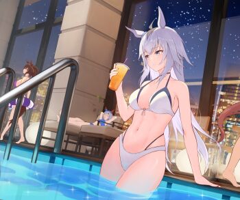 4girls alternate_costume animal_ears armpits barefoot bikini blue_bikini blue_eyes blush breasts brown_hair cai_ji_(user_jmrv4342) chair closed_eyes closed_mouth commentary_request cup disposable_cup drinking_straw ear_covers ear_ornament ear_piercing full_body grey_bikini grey_hair hair_between_eyes hair_ornament hairband highres holding holding_cup horse_ears horse_girl horse_tail inari_one_(umamusume) indoors large_breasts long_hair multicolored_hair multiple_girls oguri_cap_(umamusume) on_chair open_mouth partially_submerged piercing pool pool_ladder poolside purple_bikini streaked_hair swimsuit tail tamamo_cross_(umamusume) twintails umamusume very_long_hair