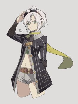 Rule 34 | 1girl, absurdres, bob cut, crop top, curtained hair, denim, denim shorts, eiyuu densetsu, fie claussell, floating scarf, george man, goggles, goggles on head, green eyes, grey background, hair between eyes, highres, jacket, long sleeves, looking at viewer, midriff, navel, open clothes, open jacket, parted bangs, scarf, sen no kiseki, sen no kiseki (series), sen no kiseki ii, shorts, simple background, solo, stomach, upper body, white hair