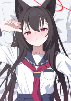 1girl absurdres aikawa_yuduki animal_ear_fluff animal_ears black_sailor_collar blue_archive blush brown_hair collarbone commentary_request fox_ears fox_girl hair_between_eyes hair_intakes hairband hand_up head_on_pillow highres long_hair long_sleeves looking_at_viewer lying neckerchief on_back on_bed open_mouth pillow red_eyes red_hairband red_neckerchief sailor_collar school_uniform serafuku shirt simple_background solo upper_body very_long_hair white_background white_shirt yukino_(blue_archive)
