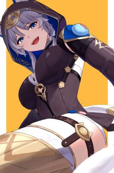 1girl absurdres anima_miko animal_ears blue_eyes boots breasts cat_ears cat_girl cat_tail cipher_(honkai:_star_rail) grey_hair highres honkai:_star_rail honkai_(series) hood hoodie large_breasts open_mouth short_hair solo solo_focus tail thigh_strap thighs