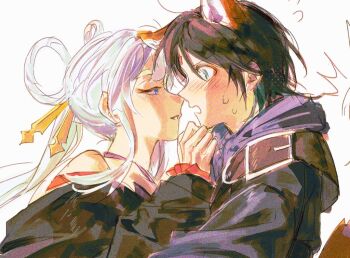 2girls animal_ears bare_shoulders black_hair black_kimono blue_eyes blush cho_kaguya-hime! commentary eye_contact fox_ears fox_girl fox_tail green_eyes hair_rings hood hoodie japanese_clothes kimono looking_at_another multiple_girls off_shoulder parted_lips purple_hoodie runami_yachiyo sakayori_iroha short_hair simple_background sweat symbol-only_commentary tail tdinhphung twintails white_background white_hair yuri