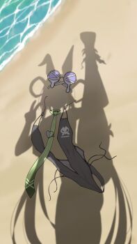 1girl absurdres animal_ears azuki_(ne_4zk) beach black_one-piece_swimsuit clothes_on_floor donkey_ears drawing_on_sand dressed_shadow_(meme) fate/grand_order fate_(series) female_pov flexible from_above green_necktie hair_ornament highleg highleg_one-piece_swimsuit highres huyan_zhuo_(fate) huyan_zhuo_(swimsuit_berserker)_(fate) implied_nudity leg_lift leg_up long_necktie low_twintails meme necktie novelty_glasses nude one-piece_swimsuit outdoors pov pov_shadow sand shadow silhouette solo split standing standing_on_one_leg standing_split sunglasses swimsuit twintails unworn_clothes unworn_hair_ornament unworn_swimsuit