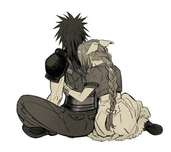 Rule 34 | 1boy, 1girl, aerith gainsborough, armor, baggy pants, bangle, boots, bracelet, braid, braided ponytail, couple, dress, final fantasy, final fantasy vii, final fantasy vii rebirth, final fantasy vii remake, from behind, full body, greyscale, hair ribbon, head on another's back, hug, hug from behind, huosheanng, indian style, jacket, jewelry, long dress, long hair, monochrome, pants, ribbed sweater, ribbon, short sleeves, shoulder armor, sitting, sleeveless, sleeveless turtleneck, spiked hair, sweater, turtleneck, turtleneck sweater, white background, zack fair