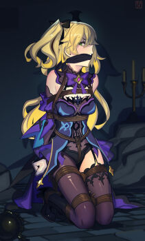 1girl ankle_boots arms_behind_back bare_shoulders bdsm blonde_hair bodystocking bondage boots bound bound_ankles bound_arms bound_legs bound_thighs bound_wrists bow breasts cad_(caddo) cleave_gag cloth_gag eyepatch fischl_(genshin_impact) fishnet_top fishnets gag gagged garter_straps genshin_impact gloves green_eyes high_heel_boots high_heels highres hogtie improvised_gag long_hair looking_at_viewer purple_bow restrained rope shibari shibari_over_clothes single_leg_pantyhose single_thighhigh small_breasts solo thighhighs two_side_up