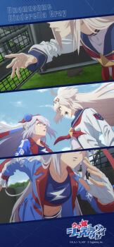 Rule 34 | 2girls, ahoge, angry, animal ears, black choker, blue eyes, blue jacket, blue sailor collar, breasts, choker, collarbone, ear covers, english text, female focus, fingerless gloves, flat chest, gloves, grey hair, hair ornament, headband, highres, horse ears, horse girl, jacket, japanese text, long hair, long sleeves, midriff, multicolored hair, multiple boys, multiple girls, navel, no bra, oguri cap (starlight beat) (umamusume), oguri cap (umamusume), open mouth, pants, racing suit, red headband, sailor collar, serafuku, sexually suggestive, small breasts, stomach, streaked hair, tamamo cross (umamusume), tamamo cross (with lightning speed) (umamusume), teeth, translation request, two-tone hair, umamusume, umamusume: cinderella gray, unzipped, very long hair, white gloves, white hair, white pants, white serafuku, white streaks