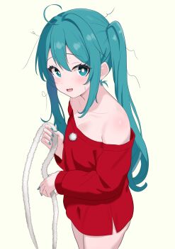 1girl absurdres aqua_eyes aqua_hair aqua_nails bare_legs bare_shoulders blush breasts futatunoniji hair_between_eyes hatsune_miku highres long_hair long_sleeves no_pants off_shoulder open_mouth red_sweater solo sweater twintails vocaloid