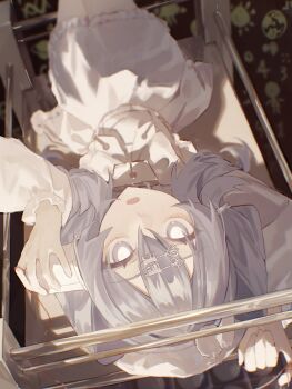 Rule 34 | 1girl, blurry, bright pupils, crib, cup, depth of field, disposable cup, double-parted bangs, dress, fang, hair ornament, hairclip, highres, holding, holding cup, key, lock, looking at viewer, low twintails, lying, mapamimo, on back, open mouth, original, paper up telephone, purple eyes, purple hair, sidelocks, string, twintails, white dress, white pupils