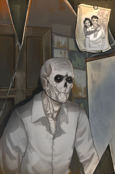 1boy 1girl absurdres black_eyes black_sclera broken_mirror colored_sclera commentary english_commentary fallout ghoul highres hug hug_from_behind kkghost_tv mirror pale_skin photo_(object) reflection shirt sunken_cheeks sunken_eyes white_shirt withered