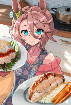 1girl absurdres animal_ears apron blue_eyes blush brown_hair carrot chicken_(food) collarbone commentary_request cooking cooking_pot cucumber cucumber_slice ear_ornament food food_focus hainanese_chicken_rice hair_between_eyes highres holding holding_food horse_ears horse_girl narita_taishin_(umamusume) plate print_apron rice shikibara_fukka smile solo umamusume