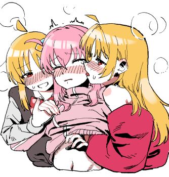 3girls ahoge blonde_hair bocchi_the_rock! gotoh_hitori groping_breast heavy_breathing ijichi_nijika ijichi_seika jacket lifting_another's_clothes multiple_girls navel pink_hair pink_jacket yeopeu_(yeopeu_) yuri