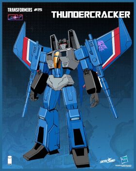 1boy arm_cannon copyright_name dan_mora decepticon highres humanoid_robot joints looking_at_viewer mechanical_arms mechanical_legs no_humans official_art red_eyes robot robot_joints solo thundercracker transformers transformers_(skybound) weapon wings