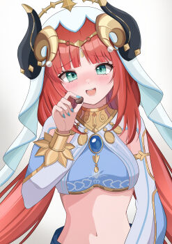 Rule 34 | 1girl, absurdres, aqua nails, blue gem, blush, breasts, candy, chocolate, chocolate heart, commentary request, crop top, fake horns, fingernails, food, gem, genshin impact, gold trim, green eyes, hand up, heart, heart-shaped food, highres, holding, holding food, horns, lilack gg, long hair, long sleeves, looking at viewer, medium breasts, nail polish, navel, nilou (genshin impact), open mouth, puffy long sleeves, puffy sleeves, red hair, simple background, solo, stomach, veil, very long hair, white background, white veil