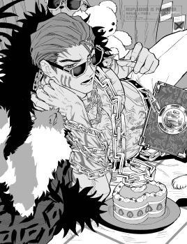 1boy absurdres belt cake cape chain chain_necklace commentary_request dessert facial_tattoo food fork full-body_tattoo fur-trimmed_cape fur_trim greyscale highres holding holding_fork jewelry limbus_company lying male_focus mature_male monochrome necklace on_side pants pnduyr project_moon ricardo_(project_moon) short_hair solo stuffed_animal stuffed_toy sunglasses tattoo teddy_bear watermark