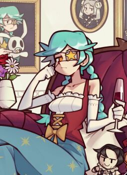 1girl alcohol alternate_costume annie_(skullgirls) beowulf_(skullgirls) bloody_marie_(skullgirls) bodice braid chair collarbone crossed_legs cup dress drinking_glass elbow_gloves eyepatch flower fujimna gloves green_hair hand_on_own_cheek hand_on_own_face highres indoors long_hair looking_at_viewer picture_frame pinafore_dress portrait_(object) sagan_(skullgirls) sitting skullgirls sleeveless sleeveless_dress solo stuffed_toy twin_braids vase wine wine_glass yellow_eyes