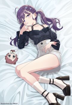 1girl absurdres ahoge artist_name bare_legs bed_sheet black_choker black_shoes blue_eyes blush braid butterfly_hair_ornament character_doll chibigurumi choker collarbone commentary_request doll finger_in_own_mouth gakuen_idolmaster hair_ornament hanami_saki heart heart_in_eye high_heels highres hmax idolmaster jewelry kaya_rinha long_hair looking_at_viewer lying mole mole_on_neck off-shoulder_shirt off_shoulder official_alternate_costume purple_hair ring shirt shirt_tucked_in shoes skirt socks solo symbol_in_eye twintails white_skirt white_socks