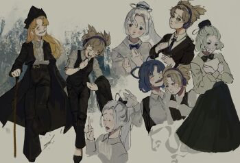 5girls ^_^ adjusting_clothes alternate_costume belt belt_buckle black_belt black_bow black_bowtie black_coat black_hat black_jacket black_pants black_shoes black_skirt black_vest blazer blonde_hair blue_eyes blue_hair blunt_bangs bow bow-shaped_hair bowtie brown_eyes buckle cane closed_eyes coat collared_jacket collared_shirt commentary_request cropped_torso crossdressing crossdressing_(ftm) dress_pants dress_shirt eyelashes formal_clothes full_body ghost_tail grey_background grey_hair grey_ribbon grey_shirt grin hair_bow hair_ears hair_ribbon hand_on_own_chest happy hat hat_ribbon hatsburg head_tilt headphones heads_together high-waist_pants high-waist_skirt high_ponytail highres holding holding_cane holding_paper jacket jacket_on_arm kaku_seiga lapels leaning_forward light_blush long_hair long_sleeves matara_okina medium_skirt mononobe_no_futo multiple_girls multiple_views open_clothes open_coat open_mouth pants paper parted_bangs pointing pointing_up pointy_ears ponytail ribbon shirt shoes short_hair skirt sleeves_rolled_up smile soga_no_tojiko talking tate_eboshi teeth touhou toyosatomimi_no_miko traditional_bowtie turkish_commentary vest watch white_ribbon white_shirt wristwatch