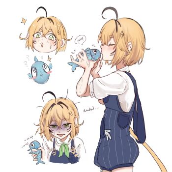 1girl ? ahoge animal animalization black_hair blonde_hair blush_stickers chinese_commentary commentary_request damage_numbers disgust dooby dooby_(1st_costume) english_text fish green_eyes green_ribbon hair_between_eyes happy_(yppah1060) highres holding holding_animal holding_fish indie_virtual_youtuber kiss kissing_animal multicolored_hair multiple_views neck_ribbon overall_shorts overalls ribbon senzawa short_hair simple_background sparkle speech_bubble tail tongue tongue_out turn_pale two-tone_hair virtual_youtuber white_background