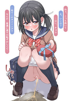 Rule 34 | 1girl, bag, bar censor, black hair, blue sailor collar, blush, box, box of chocolates, censored, commentary request, full body, gift, hekomii, highres, holding, holding gift, original, paid reward available, panties, panty pull, pee, peeing, pussy, sailor collar, school bag, school uniform, shoes, sidelocks, skirt, socks, solo, squatting, translation request, twintails, underwear, valentine, valentine chocolate, white background, white panties