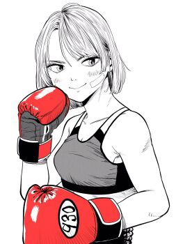 1girl bandaid bandaid_on_cheek bandaid_on_face boxing boxing_gloves boxing_shorts breasts commentary_request fighting_stance gloves greyscale highres lee_(dragon_garou) medium_breasts midriff monochrome original red_gloves short_hair shorts solo sports_bra spot_color upper_body