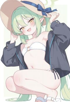 1girl :d bare_legs bare_shoulders bikini black_jacket blue_archive blush bow breasts drelegant5 fang feet full_body green_hair green_halo hair_between_eyes halo hands_on_headwear hat hat_bow jacket legs loli long_hair long_sleeves looking_at_viewer navel nozomi_(blue_archive) o-ring o-ring_bikini o-ring_bottom o-ring_top off_shoulder open_clothes open_jacket open_mouth pointy_ears puffy_long_sleeves puffy_sleeves sandals side-tie_bikini_bottom simple_background skin_fang small_breasts smile solo squatting stomach strapless strapless_bikini straw_hat sun_hat swimsuit toes twintails very_long_hair white_background white_bikini yellow_eyes yellow_halo
