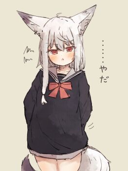 1girl animal_ears arms_behind_back black_shirt commentary_request cowboy_shot fox_ears fox_girl fox_tail highres looking_at_viewer mayu_(meguru_1225) medium_hair meguru_1225 open_mouth original red_eyes sailor_collar sailor_shirt shirt solo tail translation_request v-shaped_eyebrows white_hair white_sailor_collar