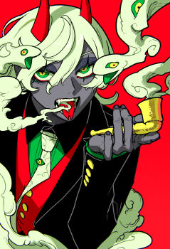 1boy black_jacket collared_shirt colored_eyelashes colored_skin demon_horns eyelashes fangs forked_tongue green_eyes green_hair green_necktie grey_skin hair_between_eyes highres holding holding_smoking_pipe horns jacket long_hair looking_at_viewer male_focus momomo_906 multicolored_eyes necktie open_mouth original red_background red_horns red_vest shirt simple_background slit_pupils smoke smoke_from_mouth smoke_trail smoking smoking_pipe snake solo tongue tongue_out vest yellow_eyes