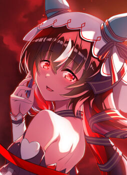 1girl animal_ears backless_dress backless_outfit blush breasts brown_hair commentary_request detached_sleeves dress glowing glowing_eyes hair_between_eyes hair_ornament horse_ears horse_girl long_hair looking_at_viewer open_mouth portrait red_background red_eyes shinohara_shinome simple_background small_breasts solo still_in_love_(umamusume) umamusume veil