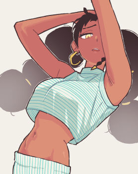 1girl afro_puffs black_hair commentary dark-skinned_female dark_skin desscaras earrings english_commentary expressionless eyelashes highres jewelry long_hair looking_at_viewer madan_no_ichi mamanooke midriff mixed-language_commentary navel simple_background solo standing twintails very_dark_skin yellow_eyes