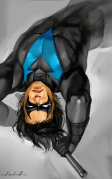 1boy black_hair bodysuit dc_comics dick_grayson domino_mask escrima_stick eye_mask gloves highres male_focus mask nightwing signature simple_background solo teeth upside-down