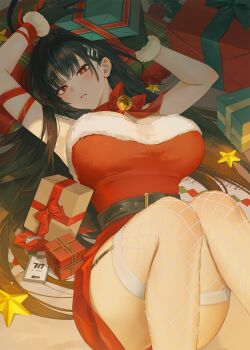 1girl alternate_costume armpits arms_up belt black_belt black_gloves black_hair blue_archive blush box breasts bright_pupils christmas_ornaments commentary_request dress fishnet_thighhighs fishnets fur-trimmed_dress fur_trim garter_straps gift gift_box gloves hair_behind_ear hair_ornament hair_spread_out hairclip halo highres id_card large_breasts long_hair lying multicolored_halo naru_0 on_back parted_lips red_dress red_eyes ringed_eyes rio_(blue_archive) santa_costume santa_dress strapless strapless_dress thighhighs two-tone_halo very_long_hair white_pupils