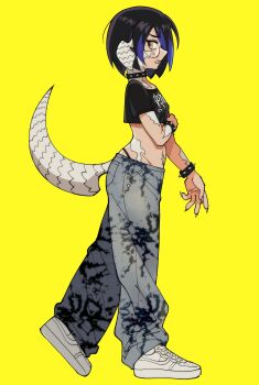 1girl absurdres au_ra baggy_pants black_hair blue_eyes bracelet commentary crop_top cropped_shirt dragon_horns dragon_tail face_piercing final_fantasy final_fantasy_xiv fingernails from_side full_body glasses highres hip_bones horns jewelry johan_(deathamaranth) lip_piercing lip_ring lowleg lowleg_panties midriff multicolored_hair navel navel_piercing panties pants piercing round_eyewear scales sharp_fingernails shoes sneakers solo spiked_bracelet spikes streaked_hair tail two-tone_hair underwear warrior_of_light_(ff14) white_shoes yellow_background yellow_eyes