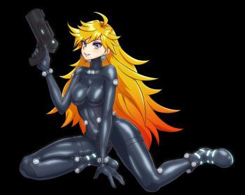 1girl ahoge black_background black_bodysuit blonde_hair blue_eyes bodysuit breasts earrings full_body gantz gantz_suit grin gun handgun holding holding_gun holding_weapon impossible_bodysuit impossible_clothes jewelry latex latex_bodysuit long_hair looking_at_viewer medium_breasts panty_&amp;_stocking_with_garterbelt panty_(psg) sachisuki_gyoko skin_tight smile solo very_long_hair weapon