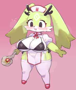 1girl animal_ears animal_hands antlers atlyss black_bra blush bra breasts breath claws commentary_request curvy flying_sweatdrops full_body furry furry_female garter_straps green_fur grey_eyes hat heart holding holding_staff horns huge_breasts jackalope_girl nurse_cap open_mouth pink_background poon_(atlyss) rabbit_ears rabbit_girl red_shoes rikose robe shoes shortstack simple_background solo staff standing tachi-e thick_thighs thighhighs thighs underwear white_robe white_thighhighs wide_hips