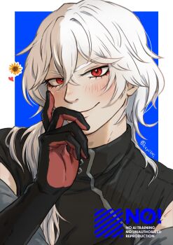 1boy a_date_with_death aegyo_sal black_gloves black_shirt casper_(a_date_with_death) ccyillti commentary_request crossed_bangs gloves grey_jacket hair_between_eyes hand_on_own_face hand_up head_tilt highres jacket jacket_partially_removed jellyfish_cut male_focus red_eyes shirt sleeveless sleeveless_shirt smile solo turtleneck upper_body white_hair