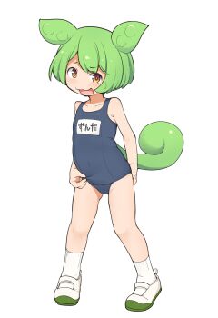 1girl :3 animal_eats blue_one-piece_swimsuit blue_school_swimsuit blush character_name collarbone covered_navel flat_chest full_body green_hair highres loli name_tag no_nose one-piece_swimsuit open_mouth orange_eyes pea_pod school_swimsuit shoes short_hair short_hair_with_long_locks simple_background smile socks solo standing swimsuit tail turnip_kabura uwabaki voiceroid voicevox webp-to-png_conversion white_background white_shoes white_socks zundamon