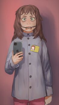 Rule 34 | 1girl, absurdres, animification, apple inc., blouse, braces, brown hair, buttons, cellphone, collared shirt, cowboy shot, dress shirt, freckles, green eyes, grey shirt, headgear, highres, holding, holding phone, long hair, long sleeves, looking at viewer, mossacannibalis, pants, phone, red pants, shelley marsh, shirt, smartphone, solo, south park, standing, wide-eyed, wing collar