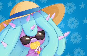 animal_focus artist_name black-framed_eyewear blue_background blue_hair blue_outline blush clothed_pokemon cup drink drinking_glass drinking_straw eating fangs food fruit gen_7_pokemon hat highres holding holding_drink large_variant_set lemon lemon_slice long_hair lotion mareanie mawaifu mouth_hold nintendo no_humans outline pokemon pokemon_(creature) sidelocks signature solo spikes star_(symbol) star_symbol_background sun_hat sunglasses sunscreen sweat tentacle_hair tentacles variant_set yellow_hat