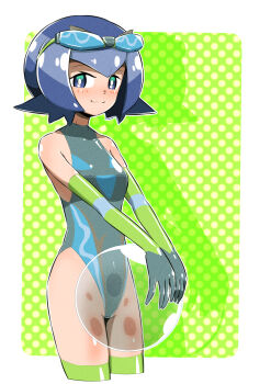 1girl :3 araquanid araquanid_(cosplay) ball bare_shoulders beachball blue_hair blush cosplay elbow_gloves fumirumochigashin gen_7_pokemon gloves green_background highres lana_(pokemon) looking_at_viewer nintendo one-piece_swimsuit pokemon pokemon_sm short_hair smile solo sunglasses_on_head swimsuit thighhighs
