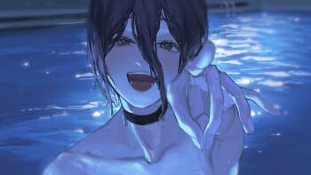 1girl 900p :d absurdres black_choker black_hair chainsaw_man choker green_eyes grenade_pin hair_between_eyes highres open_mouth pointing pointing_at_viewer pool reze_(chainsaw_man) smile solo wet wet_hair