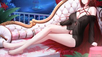 1girl barefoot black_nightgown breasts cleavage commission eeyoosekedooaat eyes_out_of_frame flower head_out_of_frame highres indie_virtual_youtuber large_breasts long_hair long_sleeves nightgown red_flower red_hair see-through_clothes see-through_nightgown shibari shibari_under_clothes sitting solo very_long_hair vgen_commission virtual_youtuber